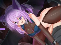 Rule 34 | ass, blush, breasts, girl on top, imminent penetration, medium breasts, monster girl, monster girl invasion rpg, pantyhose, penis, purple eyes, purple hair, pussy, pussy rub, shy (monster girl invasion rpg), smile, thighs