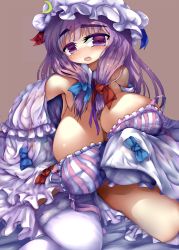 Rule 34 | 1girl, amii, bare shoulders, blush, bra, breasts, crescent, dress, embodiment of scarlet devil, eyebrows, female focus, hat, highres, huge breasts, long hair, long skirt, looking at viewer, open mouth, patchouli knowledge, purple eyes, purple hair, sagging breasts, simple background, sitting, skirt, solo, striped bra, striped clothes, thighhighs, touhou, underwear, white thighhighs
