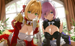 Rule 34 | 2girls, bare shoulders, blonde hair, blush, bow, bowtie, breasts, cleavage, cleavage cutout, clothing cutout, commentary request, day, dress, epaulettes, fate/grand order, fate (series), flower, green eyes, hair over one eye, indoors, large breasts, long sleeves, looking at viewer, maid headdress, mash kyrielight, multiple girls, nero claudius (fate), nero claudius (fate) (all), nero claudius (fate/extra), parted lips, pink hair, puffy sleeves, purple eyes, shiny skin, short dress, simple background, sleeveless, sleeveless dress, smile, yd (orange maru)