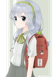 Rule 34 | 10s, 1girl, backpack, bag, bow, bowtie, collared shirt, dated, dress shirt, failure penguin, grey eyes, grey skirt, hairband, highres, kantai collection, looking at viewer, miss cloud, name tag, plaid, plaid bow, pleated skirt, randoseru, school uniform, shirt, silver hair, skirt, solo, striped, striped background, suspenders, twitter username, upper body, wavy hair, yamagumo (kancolle), yukichi (sukiyaki39)