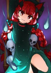 Rule 34 | 1girl, :3, animal ears, arms up, black bow, black footwear, blue fire, blunt bangs, bow, braid, cat ears, closed mouth, dress, fire, foot out of frame, green dress, hair bow, hair ribbon, head tilt, highres, hitodama, kaenbyou rin, knee up, long hair, looking at viewer, lying, on back, one-hour drawing challenge, purple background, red eyes, red hair, ribbon, scottie0521, simple background, skull, smile, solo, touhou, tress ribbon, twin braids, twintails, very long hair, wheelbarrow