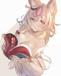 Rule 34 | 1girl, absurdres, animal ears, bare arms, bare shoulders, betabeet, blonde hair, blush, bow, braid, braided ponytail, breasts, cleavage, clover print, collarbone, diamond (shape), dress, fox ears, from above, hair bow, hair over shoulder, hat, heart, heart print, highres, holding, holding clothes, holding hat, hololive, jester cap, long hair, looking at viewer, multicolored clothes, multicolored hair, multicolored hat, omaru polka, purple eyes, red bow, simple background, sleeveless, sleeveless dress, smile, solo, spade (shape), star (symbol), strapless, strapless dress, streaked hair, unworn hat, unworn headwear, virtual youtuber, white background, white dress