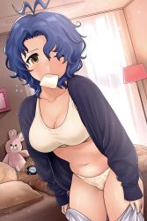 Rule 34 | 1girl, absurdres, alarm clock, antenna hair, bed, black shirt, blanket, blue hair, bra, bread slice, breasts, cleavage, clock, collarbone, curtains, dressing, floral print, food, food in mouth, hanamasa ono, highres, idolmaster, idolmaster million live!, indoors, lamp, large breasts, light blush, light particles, long hair, looking at viewer, mouth hold, navel, one eye closed, open clothes, open shirt, panties, picture frame, pillow, shirt, short hair, solo, stuffed animal, stuffed toy, sweat, toast, toast in mouth, toyokawa fuka, underwear, white bra, white panties, window, yellow eyes
