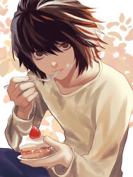 1boy absurdres blue_pants brown_eyes brown_hair cake cake_slice closed_mouth commentary_request crew_neck death_note eating food fork fruit hagisawayui2 hair_between_eyes highres holding holding_fork holding_plate holding_utensil l_(death_note) long_sleeves looking_at_viewer male_focus pants plate shirt sitting solo strawberry strawberry_slice utensil white_shirt