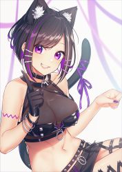 Rule 34 | 1girl, absurdres, animal ear fluff, animal ears, armpit crease, bangle, bare arms, bare shoulders, belt, black choker, black gloves, black shirt, black skirt, bracelet, breasts, cat ears, cat girl, cat tail, choker, cleavage, crop top, extra ears, garter straps, gloves, grin, highres, index finger raised, indie virtual youtuber, jewelry, kanda miu, kitazume kumie, large breasts, looking at viewer, midriff, miniskirt, multicolored hair, nail polish, navel, purple eyes, ribbon, see-through, shirt, short hair, sidelocks, single glove, skirt, sleeveless, sleeveless shirt, smile, solo, stomach, streaked hair, studded belt, tail, tail ornament, tail raised, tail ribbon, virtual youtuber, wristband