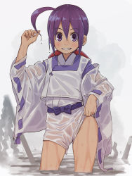 Rule 34 | 1girl, bakumatsu rouman, blush, bow, clothes pull, facing viewer, fang, female focus, grin, holding, holding own hair, ichijou akari, japanese clothes, kimono, long sleeves, looking at viewer, no panties, outdoors, pubic hair, pulled by self, pulling, purple eyes, purple hair, ribbon-trimmed sleeves, ribbon trim, sash, see-through, shorts, smile, snk, standing, stupa13a, water, wet, wet clothes, white background, white shorts