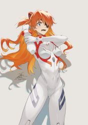 Rule 34 | 1girl, blue eyes, blush, bodysuit, breasts, covered navel, evangelion: 3.0+1.0 thrice upon a time, eyepatch, fadingz, grey background, highres, interface headset, long hair, looking at viewer, medium breasts, neon genesis evangelion, open mouth, orange hair, pixiv id, plugsuit, rebuild of evangelion, shadow, signature, simple background, solo, souryuu asuka langley, standing, teeth, tsundere, two side up, very long hair, white bodysuit, wide hips