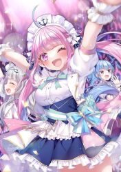 Rule 34 | 3girls, absurdres, ahoge, anchor symbol, aqua bow, aqua bowtie, arms up, blue bow, blue dress, blue eyes, blue hair, blunt bangs, bow, bowtie, breasts, buttons, chain, commentary request, confetti, cropped jacket, dated, dress, frilled dress, frills, glowstick, grey hair, hairband, highres, hololive, hololive idol uniform (bright), hoshimachi suisei, idol, idol clothes, jacket, jewelry, kashiba aira, long hair, maid headdress, medium breasts, minato aqua, multicolored hair, multiple girls, murasaki shion, one eye closed, open clothes, open jacket, open mouth, outstretched arms, pink eyes, pink hair, ponytail, puffy short sleeves, puffy sleeves, short sleeves, sidelocks, signature, smile, sparkle, stage, streaked hair, sweat, twintails, two-tone hair, virtual youtuber, white bow, white dress, white jacket, wrist cuffs