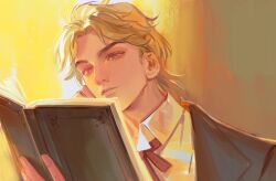 Rule 34 | 1boy, black jacket, blonde hair, book, closed mouth, commentary, dio brando, handsomedao, holding, holding book, jacket, jojo no kimyou na bouken, long sleeves, male focus, mole, mole on ear, phantom blood, reading, red eyes, shirt, short hair, solo, symbol-only commentary, upper body