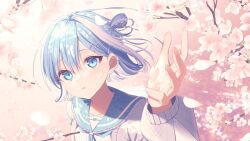 Rule 34 | 1girl, arm up, asymmetrical bangs, blue eyes, blue hair, blue sailor collar, butterfly earrings, cardigan, cherry blossoms, day, earrings, grey cardigan, hair ornament, hairclip, hairstyle request, hane kxs, highres, indie virtual youtuber, jewelry, long sleeves, misora sora (vtuber), mole, mole under mouth, multicolored hair, outdoors, outstretched hand, parted lips, petals, portrait, sailor collar, school uniform, serafuku, short hair, solo, spring (season), stud earrings, two-tone hair, virtual youtuber, white hair, white serafuku