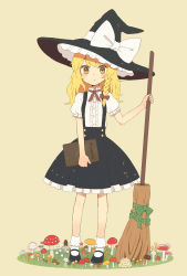 Rule 34 | 1girl, blonde hair, bobby socks, book, bow, braid, broom, female focus, full body, hat, hat bow, highres, kirisame marisa, looking at viewer, mary janes, mozukuzu (manukedori), mushroom, shoes, simple background, socks, solo, standing, star (symbol), staring, touhou, white socks, wide-eyed, witch, witch hat, yellow background, yellow eyes