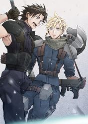 Rule 34 | 2b fff, 2boys, arm around back, arm behind head, armor, belt, black gloves, black hair, blonde hair, blue eyes, blue pants, blue shirt, cloud strife, crisis core final fantasy vii, final fantasy, final fantasy vii, gloves, gun, hair between eyes, harness, unworn headwear, helmet, unworn helmet, knee pads, long sleeves, looking at another, male focus, multiple belts, multiple boys, open mouth, pants, parted bangs, parted lips, shinra infantry uniform, shirt, short hair, shoulder armor, sleeveless, sleeveless turtleneck, sleeves rolled up, smile, snow, spiked hair, square enix, suspenders, sword, teeth, turtleneck, upper body, upper teeth only, weapon, weapon on back, yaoi, zack fair