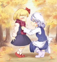 Rule 34 | 2girls, ankle boots, apron, arm up, autumn, autumn leaves, black skirt, black vest, blonde hair, blue eyes, blue hair, blue skirt, blue vest, blurry, blurry background, blush, boots, calcmis gowa, commentary request, day, closed eyes, forest, from side, hair ribbon, hat, highres, letty whiterock, long sleeves, looking at another, mary janes, mob cap, multiple girls, nature, outdoors, petticoat, purple footwear, red footwear, red scarf, ribbon, rumia, scarf, shirt, shoes, short hair, sideways mouth, skirt, smile, squatting, standing, touhou, tree, vest, waist apron, white headwear, white legwear, white shirt
