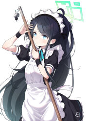 Rule 34 | &lt;key&gt; (robot) (blue archive), 1girl, apron, aris (blue archive), aris (maid) (blue archive), black hair, blue archive, blue eyes, broom, closed mouth, halo, highres, holding, holding broom, long hair, looking at viewer, maid, maid apron, maid headdress, mishima hiroji, official alternate costume, ponytail, puffy short sleeves, puffy sleeves, short sleeves, simple background, solo, very long hair, white background