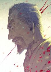 Rule 34 | 1boy, askeladd, blonde hair, blood, blood on clothes, facial hair, goatee, highres, looking away, male focus, miyamainuzo, mustache, parted lips, portrait, short hair, sideways, signature, solo, thick eyebrows, vinland saga