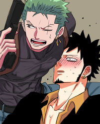 Rule 34 | 2boys, accident, alternate costume, chayo (sprkvp), constricted pupils, face to pecs, facial hair, goatee, gun, highres, holding, holding gun, holding weapon, long sideburns, looking to the side, male focus, multiple boys, nervous sweating, one piece, roronoa zoro, sanpaku, shirt, short hair, sideburns, skin tight, sweat, thick eyebrows, trafalgar law, upper body, weapon, yaoi