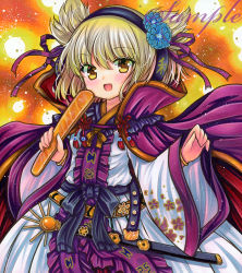 Rule 34 | 1girl, :d, adapted costume, blonde hair, blush, cape, danmaku, gold trim, holding, holding stick, long sleeves, looking at viewer, marker (medium), open mouth, pointy hair, ritual baton, rui (sugar3), sample watermark, sheath, sheathed, smile, solo, stick, sword, touhou, toyosatomimi no miko, traditional media, watermark, weapon, wide sleeves, yellow eyes