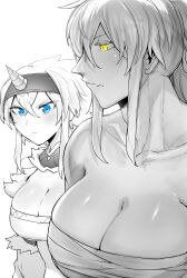 Rule 34 | 2girls, absurdres, blue eyes, breast envy, breasts, chest sarashi, cleavage, closed mouth, fang, fang out, hair between eyes, hairband, height difference, highres, horns, kirin (armor), large breasts, long hair, monster hunter (character), monster hunter (series), multiple girls, muscular, muscular female, niwarhythm, profile, sarashi, simple background, single horn, skin fang, white background, yellow eyes, zinogre (armor)
