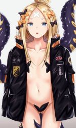 Rule 34 | 1girl, abigail williams (fate), abigail williams (traveling outfit) (fate), bad id, bad pixiv id, black bow, black jacket, blonde hair, blue eyes, bow, breasts, coat, collarbone, commentary, cowboy shot, crossed bandaids, fary5, fate/grand order, fate (series), gluteal fold, grey background, groin, hair bow, hair bun, heroic spirit traveling outfit, highres, jacket, long hair, long sleeves, looking at viewer, naked coat, navel, official alternate costume, open clothes, open jacket, orange bow, parted bangs, parted lips, pasties, polka dot, polka dot bow, simple background, single hair bun, sleeves past fingers, sleeves past wrists, small breasts, solo, standing, star (symbol), suction cups, teeth, tentacles, upper teeth only