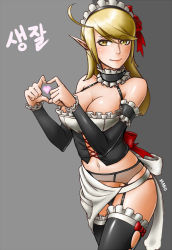 Rule 34 | 1girl, ahoge, apron, artist name, black panties, black thighhighs, blonde hair, blush, bow, breasts, character request, choker, cleavage, corset, detached sleeves, frills, garter belt, garter straps, heart, heart hands, large breasts, long hair, maid, maid apron, maid headdress, mano, midriff, navel, panties, pointy ears, solo, thighhighs, underwear, waist apron, yellow eyes