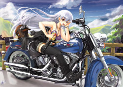 Rule 34 | 1girl, :d, bare shoulders, biker clothes, bikesuit, bikini, bikini top only, black thighhighs, blue sky, blush, bodysuit, breasts, cleavage, cloud, cross-laced footwear, day, female focus, goggles, head rest, helmet, jewelry, leaning forward, long hair, medium breasts, motor vehicle, motorcycle, nature, necklace, open mouth, original, outdoors, plant, red eyes, silver hair, sky, smile, solo, swimsuit, thigh strap, thighhighs, unzipped, vehicle, very long hair, watch, yuu (yuyukaikan)