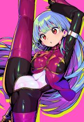 Rule 34 | arm up, blue hair, breasts, covered navel, kula diamond, leg up, long hair, medium breasts, onono imoko, pink background, red eyes, simple background, solo, split, standing, standing on one leg, standing split, the king of fighters