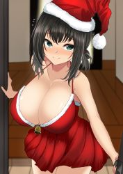 Rule 34 | 1girl, absurdres, agachi (shunya12300724), alternate breast size, bell, black hair, blush, breasts, christmas, cleavage, closed mouth, collarbone, cowboy shot, door, dress, flying sweatdrops, fubuki (kancolle), green eyes, hair between eyes, hat, highres, huge breasts, kantai collection, looking at viewer, pom pom (clothes), red dress, red hat, santa hat, short hair, short ponytail, smile, solo