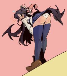 Rule 34 | 1girl, ^^^, ass, assisted exposure, blush, clothes lift, filia (skullgirls), from behind, highres, leaning forward, long hair, looking back, neko mata g, open mouth, panties, pink background, prehensile hair, red eyes, samson (skullgirls), sharp teeth, skirt, skirt lift, skullgirls, solo, surprised, sweatdrop, teeth, tentacles, tentacles under clothes, thighhighs, tongue, tongue out, underwear, wedgie, white panties