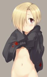 Rule 34 | 10s, 1girl, :&lt;, bags under eyes, blonde hair, blush, bottomless, clothes lift, earrings, grey background, hair over one eye, highres, hood, hoodie, idolmaster, idolmaster cinderella girls, jacket, jewelry, looking at viewer, md5 mismatch, midiman, naked hoodie, navel, out-of-frame censoring, red eyes, shirasaka koume, shirt lift, short hair, simple background, sleeves past wrists, solo, standing, sweater