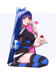 Rule 34 | 1girl, artist name, black dress, black hair, blue eyes, blunt bangs, blushyspicy, bow, breasts, colored inner hair, commentary, dress, eating, food, from side, gothic lolita, hair bow, heart, highres, kneeling, large breasts, lolita fashion, long hair, multicolored hair, panty &amp; stocking with garterbelt, skindentation, solo, stocking (psg), streaked hair, striped clothes, striped thighhighs, sweets, thighhighs, thighs, two-tone hair