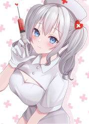 Rule 34 | 1girl, absurdres, alternate costume, blue eyes, blush, breasts, cleavage, closed mouth, cross, grey hair, hair between eyes, hat, highres, holding, holding syringe, kantai collection, kashima (kancolle), large breasts, light smile, long hair, nurse cap, red cross, short sleeves, solo, syringe, twintails, white hat, yoshino (mfmfpng)