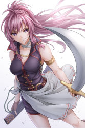 Rule 34 | 1girl, armlet, breasts, collarbone, fingerless gloves, fire emblem, fire emblem: the sacred stones, gloves, holding, holding sheath, holding sword, holding weapon, long hair, looking at viewer, marisa (fire emblem), nintendo, pink eyes, pink hair, ponytail, sheath, sleeveless, solo, sword, ten (tenchan man), weapon, white background