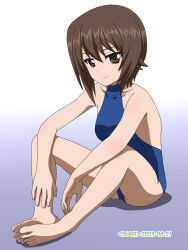 Rule 34 | 1girl, blue one-piece swimsuit, blush, breasts, brown eyes, brown hair, girls und panzer, highres, looking at viewer, naotosi, nishizumi maho, one-piece swimsuit, short hair, small breasts, smile, solo, swimsuit