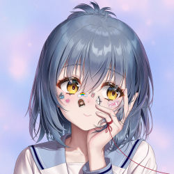 Rule 34 | 1girl, blonde hair, blouse, blue hair, blue sailor collar, closed mouth, collarbone, commentary request, hair between eyes, hand on own cheek, hand on own face, haneru, haori haruki, highres, himino seika, himitsu no jugyou, looking away, looking to the side, portrait, purple background, red ribbon, ribbon, sailor collar, school uniform, serafuku, shirt, short hair, short ponytail, smile, solo, sticker, sticker on face, string, string of fate, upper body, white shirt
