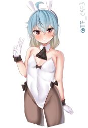 Rule 34 | 1girl, ahoge, alternate costume, animal ears, ascot, black ascot, black pantyhose, blonde hair, blue hair, breasts, cowboy shot, detached collar, gloves, gradient hair, grin, highres, kantai collection, leotard, long hair, multicolored hair, one-hour drawing challenge, pantyhose, playboy bunny, rabbit ears, red eyes, sado (kancolle), simple background, small breasts, smile, solo, strapless, strapless leotard, tf cafe, twitter username, v, white background, white gloves, white leotard