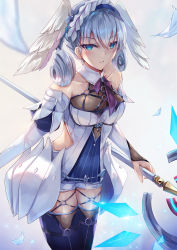 Rule 34 | 1girl, armor, black thighhighs, blue eyes, blush, breasts, collarbone, cowboy shot, curly hair, detached sleeves, faulds, feathered wings, glowing, glowing weapon, grey background, head wings, highres, holding, holding staff, inoue takuya (tactactak), long sleeves, medium breasts, melia antiqua, neck ribbon, nintendo, parted lips, purple ribbon, ribbon, short hair, short twintails, silver hair, simple background, solo, staff, thighhighs, twintails, v-shaped eyebrows, weapon, white wings, wings, xenoblade chronicles: future connected, xenoblade chronicles (series), xenoblade chronicles 1
