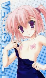 Rule 34 | 1girl, bandaid, bandaids on nipples, blush, clothes pull, cropped, crossed bandaids, flat chest, nanao naru, one-piece swimsuit, one-piece swimsuit pull, open mouth, pasties, pink hair, ponytail, pulling own clothes, purple eyes, school swimsuit, short hair, side ponytail, solo, swimsuit, undressing
