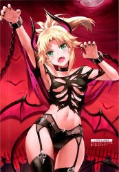 Rule 34 | 1girl, absurdres, animal, bat (animal), blonde hair, blush, breasts, chain, collar, collarbone, demon girl, demon horns, demon tail, demon wings, fangs, fate/apocrypha, fate/grand order, fate (series), fingernails, garter straps, gradient sky, green eyes, halloween costume, hands up, highres, horns, low wings, mini wings, moon, mordred (fate), mordred (fate/apocrypha), nail polish, navel, open mouth, ponytail, red moon, scan, simple background, sky, small breasts, solo, stomach, tail, teeth, thighhighs, tonee, torn clothes, wings