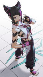Rule 34 | 1girl, abs, belt, black hair, breasts, candy, choker, cleavage, cleavage cutout, clothing cutout, drill hair, fingerless gloves, food, gloves, hair over one eye, han juri, highres, holding, holding candy, holding food, holding lollipop, lollipop, looking at viewer, multicolored hair, navel, shirt, signature, simple background, sleeveless, sleeveless shirt, solo, spiked choker, spikes, streaked hair, street fighter, street fighter 6, toned, twin drills, underboob, x chitch