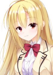 Rule 34 | 1girl, :3, absurdres, ahoge, arihara nanami, blonde hair, blush, bow, closed mouth, collared shirt, commentary, eyelashes, eyes visible through hair, hair between eyes, hair down, highres, jacket, kiki0319i, long hair, looking at viewer, open clothes, open jacket, red bow, red eyes, riddle joker, school uniform, shirt, simple background, smile, solo, straight hair, upper body, very long hair, white background, white shirt, yellow jacket