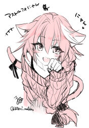 Rule 34 | +++, 1boy, :3, animal ears, artist name, astolfo (fate), black bow, blush, bow, braid, cat boy, cat ears, cat tail, collarbone, eyelashes, fang, fate/grand order, fate (series), hair between eyes, hair bow, hair intakes, hand up, heart, heart-shaped pupils, long braid, long hair, male focus, matori (penguin batake), monochrome, multicolored hair, paw pose, pink eyes, pink hair, pink sweater, simple background, single braid, sketch, skin fang, smile, solo, streaked hair, sweater, symbol-shaped pupils, tail, tail bow, tail ornament, trap, twitter username, two-tone hair, upper body, white background, white hair