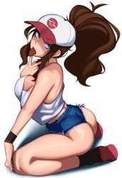 Rule 34 | 1girl, ankle boots, ass, bad id, bad twitter id, baseball cap, blue eyes, blue shorts, boots, breasts, brown hair, cleavage, creatures (company), cutoffs, denim, denim shorts, eyebrows visible through hat, game freak, hair through headwear, hat, high ponytail, highres, hilda (pokemon), kevbot, kneeling, large breasts, long hair, messy hair, nintendo, no bra, pokemon, pokemon bw, shorts, sleeveless, solo, tank top, tongue, tongue out, twisted torso, wedgie, wristband