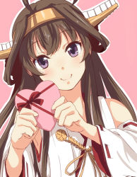 Rule 34 | 10s, 1girl, ahoge, box, brown hair, candy, chocolate, chocolate heart, detached sleeves, food, gift, gift box, hairband, headgear, heart, heart-shaped box, kantai collection, kongou (kancolle), long hair, looking at viewer, pink background, pre3445, purple eyes, simple background, smile, solo, valentine