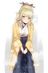 Rule 34 | 1girl, akakama, between legs, blonde hair, blue eyes, blue hakama, blunt bangs, blush, breasts, breath, closed mouth, collarbone, drill hair, embarrassed, female focus, floral print, grey background, hair ribbon, hakama, half-closed eyes, hand between legs, haori, hatakaze (kancolle), have to pee, headgear, high ponytail, highres, japanese clothes, kantai collection, kimono, long sleeves, medium breasts, medium hair, own hands together, pee, peeing, peeing self, red ribbon, ribbon, sidelocks, simple background, sketch, solo, standing, steam, sweat, tears, trembling, twin drills, two-tone background, wet, wet clothes, white background, white kimono, wide sleeves, yellow haori