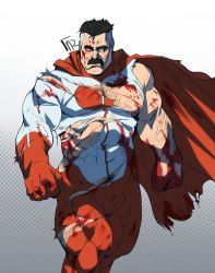 Rule 34 | 1boy, absurdres, arm hair, bara, bare pectorals, black hair, blood, blood on face, blue eyes, bodysuit, bulge, cape, chest hair, facial hair, feet out of frame, frown, highres, invincible (series), large pectorals, leg hair, male focus, mature male, multicolored hair, muscular, muscular male, mustache, old, old man, omni-man, pectorals, pubic hair, pubic hair peek, red bodysuit, red cape, ross (doodlrenzo), short hair, solo, thick eyebrows, torn bodysuit, torn clothes, two-tone hair, white bodysuit, wind