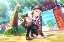 Rule 34 | 1boy, architecture, black footwear, black hat, black jacket, black nails, black pants, black skirt, blonde hair, blue eyes, bobby pin, bowler hat, crossed bangs, dappled sunlight, day, dragon print, earrings, east asian architecture, falling leaves, floral print, food, fruit, full body, game cg, gate, grass, grin, hair behind ear, hair ornament, hand on ground, hat, highres, holding, holding food, holding fruit, instrument, jacket, jewelry, kurusu shou, leaf, lens flare, light particles, looking at viewer, male focus, multicolored clothes, multicolored jacket, nail polish, official art, on one knee, one eye closed, pants, pants under skirt, peach, plant, pleated skirt, rock, shirt, shoes, short hair, single earring, skirt, smile, solo, striped clothes, striped shirt, sunlight, tassel, tassel earrings, third-party source, tree, two-tone jacket, two-tone shirt, uta no prince-sama, uta no prince-sama: shining live, v-shaped eyebrows, white shirt, x hair ornament, zipper