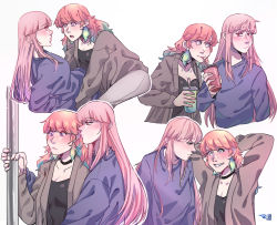 Rule 34 | 2girls, blush, commentary, cup, disposable cup, drinking, drinking straw, english commentary, eye contact, green hair, highres, hololive, hololive english, jacket, long hair, looking at another, mori calliope, multicolored hair, multiple girls, multiple views, orange hair, pink eyes, pink hair, purple eyes, simple background, smile, sweater, takanashi kiara, thunder-kate, virtual youtuber, white background, yuri