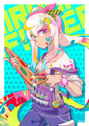 Rule 34 | absurdres, airani iofifteen, airani iofifteen (1st costume), blue hair, blue nails, eyeshadow, floating hair, gradient hair, hair behind ear, hair bun, heart, highres, holding, holding paintbrush, hololive, hololive indonesia, keenbiscuit, long hair, looking at viewer, makeup, multicolored hair, nail polish, overalls, paint splatter, paintbrush, palette (object), palette hair ornament, pink hair, print shirt, red eyeshadow, shirt, side bun, side ponytail, single side bun, solo, very long hair, virtual youtuber, white shirt