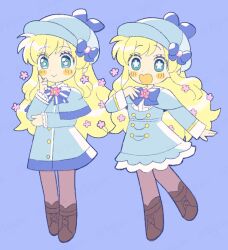 Rule 34 | 1girl, blonde hair, blue background, blue eyes, blush stickers, boots, bow, bowtie, capelet, cordelia glauca, deerstalker, dress, flower, flower-shaped pupils, full body, hair flower, hair ornament, hand on own chest, hat, hat bow, index finger raised, long hair, long sleeves, multiple views, open mouth, pantyhose, smile, symbol-shaped pupils, tantei opera milky holmes, tsunoji, very long hair