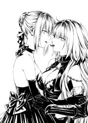 Rule 34 | 2girls, artoria pendragon (all), artoria pendragon (fate), backless dress, backless outfit, bare shoulders, braid, breasts, chain, chocolate, cleavage, dress, fate/grand order, fate (series), french braid, greyscale, hair bun, highres, jeanne d&#039;arc (fate), jeanne d&#039;arc (ruler) (fate), jeanne d&#039;arc alter (avenger) (fate), jeanne d&#039;arc alter (fate), large breasts, long hair, looking at viewer, medium breasts, monochrome, mouth hold, multiple girls, nipi27, open mouth, saber (fate), saber alter, sidelocks, simple background, single hair bun, teeth, vambraces, wavy hair, yuri
